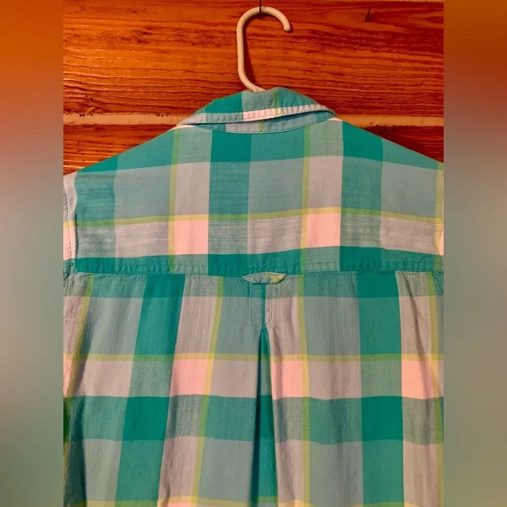 American Eagle Turquoise Blue Button Down Plaid Shirt Small - Picture 6 of 9